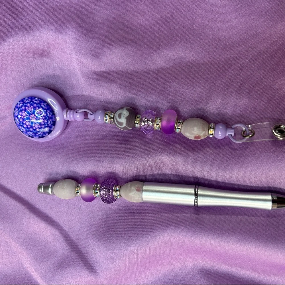 Beaded Retractable Badge Reel and Pen Set - Lavender